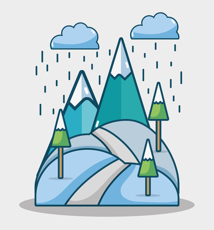 winter mountains with pine trees and clouds raining vector illustrationのイラスト素材