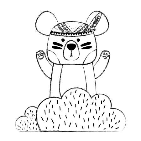 grunge ethnic bear animal in back of bushes plant vector illustrationのイラスト素材
