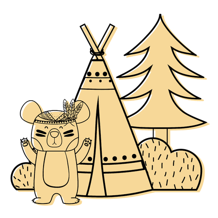 color bear animal with camp next to bush and pine treeのイラスト素材