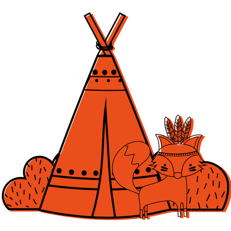 color fox animal with camp design and bushes plant vector illustrationのイラスト素材