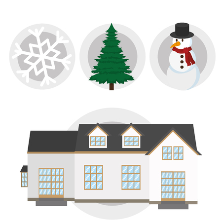 Winter season design house fir tree and snowflakesのイラスト素材