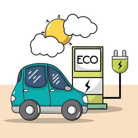 Recharge station with power cable and electric car vector illustrationのイラスト素材