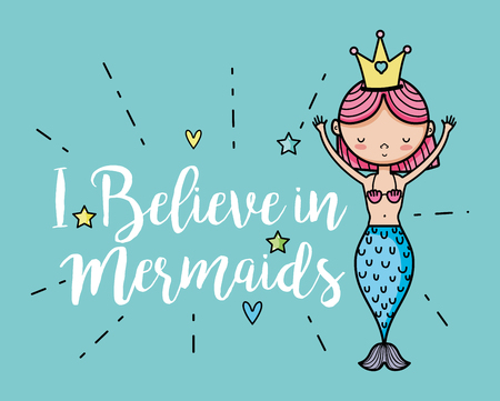 Little mermaid art cartoon icon vector illustration graphic design cute and pastel colors, magical and beauty style Fantasy girl worldのイラスト素材