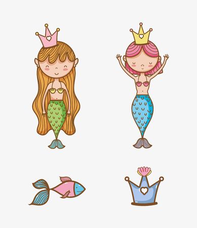 Little mermaids with fish art cartoon vector illustration.のイラスト素材