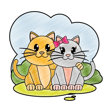 grated cat couple cute animal in the landscape vector illustrationのイラスト素材