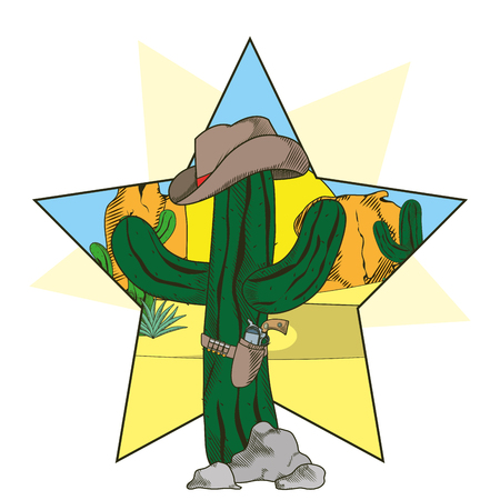 Cowboy cactus with hat and revolver cartoon vector illustration graphic designのイラスト素材