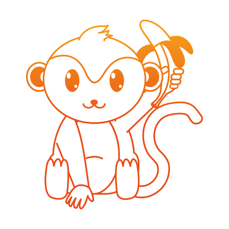 orange line adorable monkey wild animal with banana in the hand vector illustrationのイラスト素材