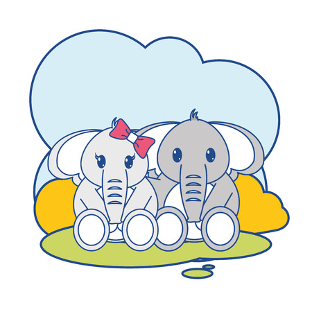 line color elephant couple cute animal in the landscape vector illustrationのイラスト素材
