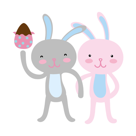 Colorful rabbit couple with hands together and egg easterのイラスト素材