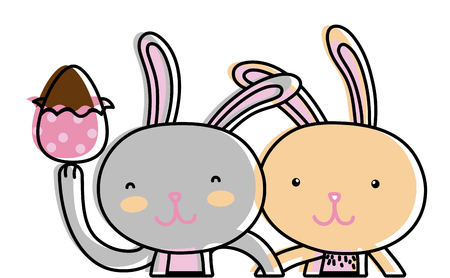 Line color happy rabbit couple together with egg Easterのイラスト素材
