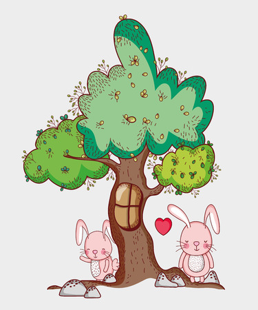 Rabbits in the forest doodle cartoons illustrationのイラスト素材