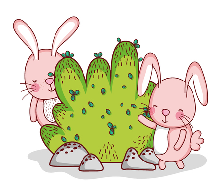 Cute bunnies playing in forest illustrationのイラスト素材