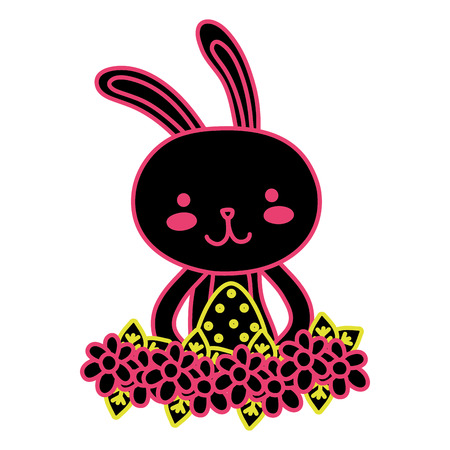 Neon flat rabbit animal with easter  egg with flowersのイラスト素材