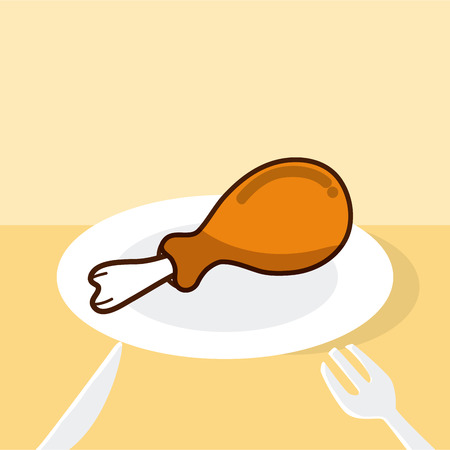 Chicken thigh on dish with cutlery.のイラスト素材