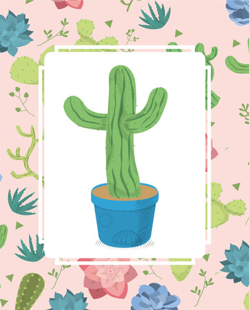 Cactus on pot over desert plants backgroundのイラスト素材