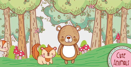Cute bear and fox in the forest doodle cartoon vector illustration graphic designのイラスト素材