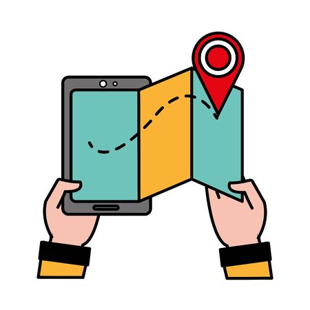 A line color man hands with smartphone with map and location symbolのイラスト素材