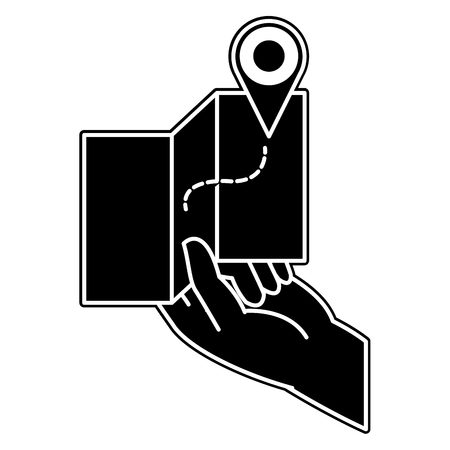 Silhouette hand with global map and location symbolのイラスト素材