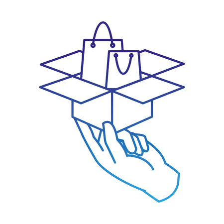 degraded line hand with shoping bag inside box package vector illustrationのイラスト素材