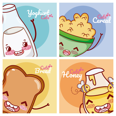 Cute breakfast ingredients kawaii cartoon vector illustration graphic designのイラスト素材