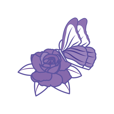 duo color beautiful rose petals with leaves and butterfly vector illustrationのイラスト素材