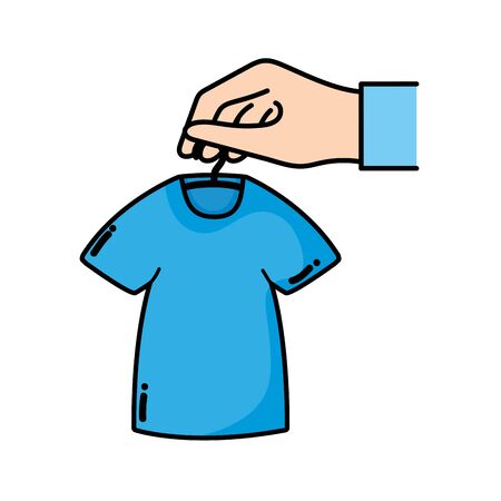 Hand holding a hanger with blue t-shirt icon.のイラスト素材