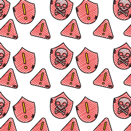 doodle exclamation attention and skull bones background vector illustrationのイラスト素材