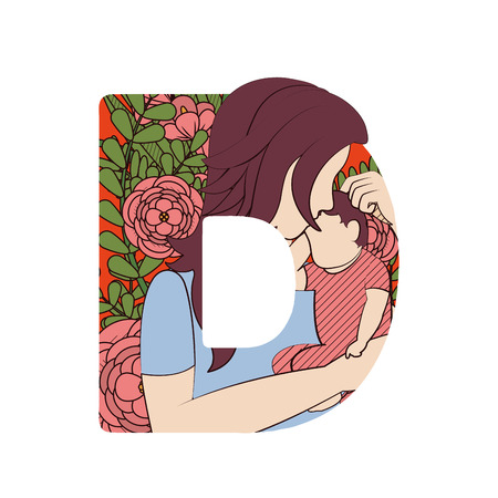 Letter D designed with mother, child, flowers and leaves. Vector illustration isolated on white background.のイラスト素材