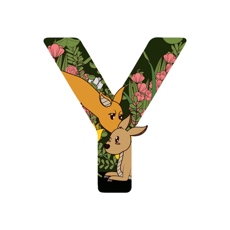 Letter Y font designed with mother doe and her offspring, colorful flowers and leaves. Vector illustration isolated on white background.のイラスト素材