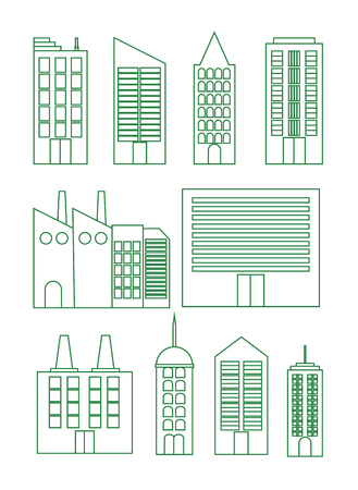 Urban buildings collection on green color vector illustration iconのイラスト素材
