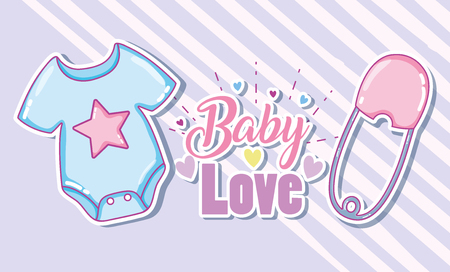 Baby love card with blue clothing on purple stripes backgroundのイラスト素材