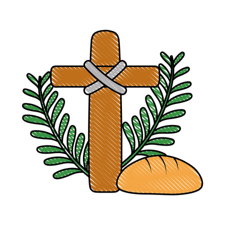 doodle cross catholic religion with palms and breadのイラスト素材