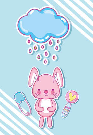 Cute bunny cartoons with raindrops on cloudのイラスト素材