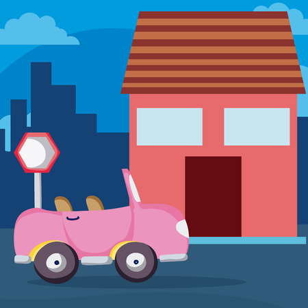 Pink convertible car on neighborhood vector illustration graphic designのイラスト素材
