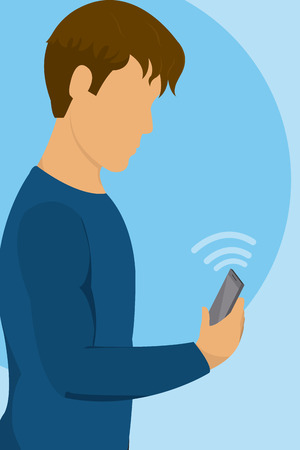 Young man with smartphone on internet wifi signal vector illustration graphic designのイラスト素材