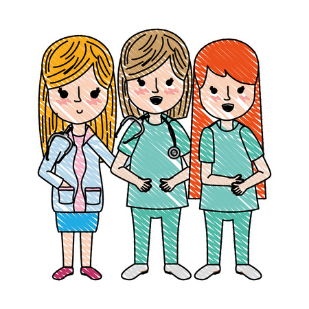 doodle women doctors with medical uniform and stethoscopeのイラスト素材