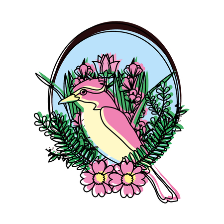 Bird with leaves branches and flowers illustration.のイラスト素材