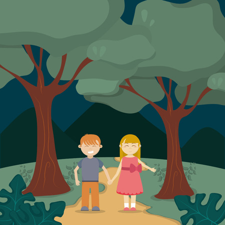 Cute kids in the forest cartoon vector illustration graphic designのイラスト素材