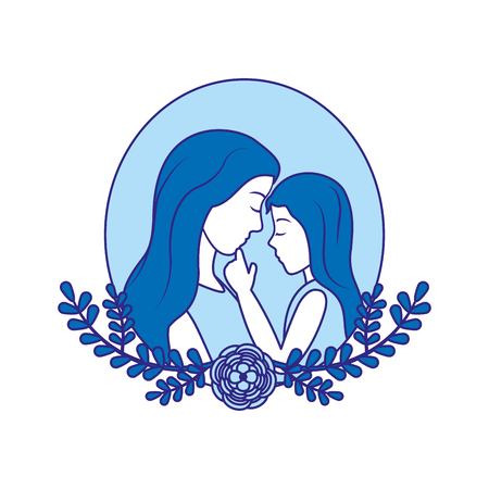 duo color mother with her daughter and leaves branches decoration vector illustrationのイラスト素材