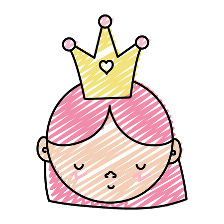 doodle cute woman head with hairstyle and crown Vector illustration.のイラスト素材