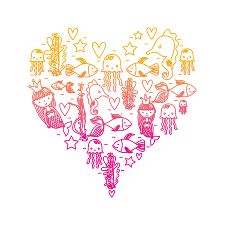 Degraded line women sirens with marine animals inside heart.のイラスト素材