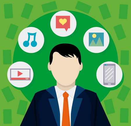 Businessman with social media symbols illustration.のイラスト素材