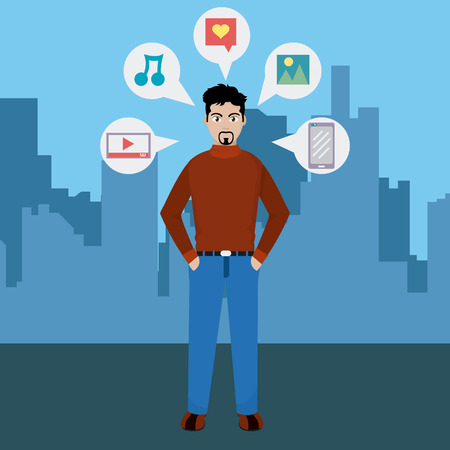 Bearded young man with social media on a city background.のイラスト素材