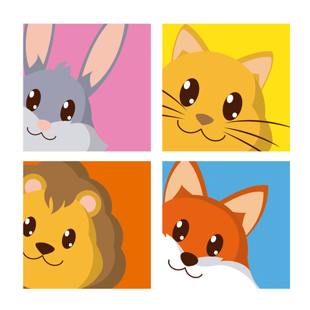 Set of cute animals, rabbit, cat, lion, and fox, cartoon on square frames vector illustration graphic designのイラスト素材