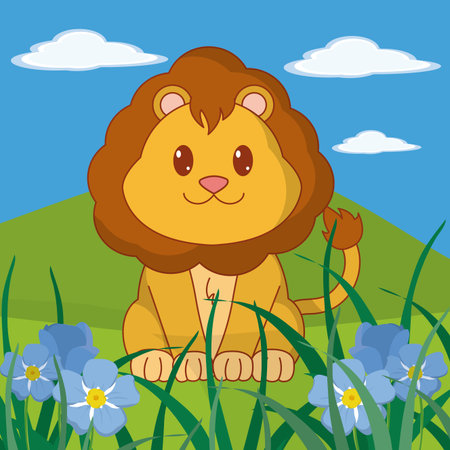 Lion cute animal in landscape cartoons vector illustration graphic designのイラスト素材