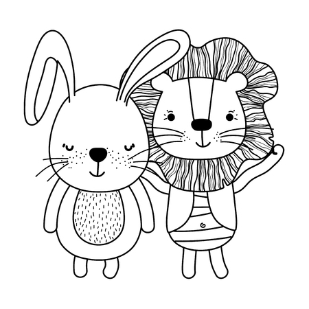 Line illustration of a rabbit and lion on a white backgroundのイラスト素材