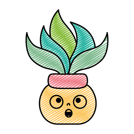 doodle kawaii surprised plant with leaves inside flowerpot vector illustrationのイラスト素材