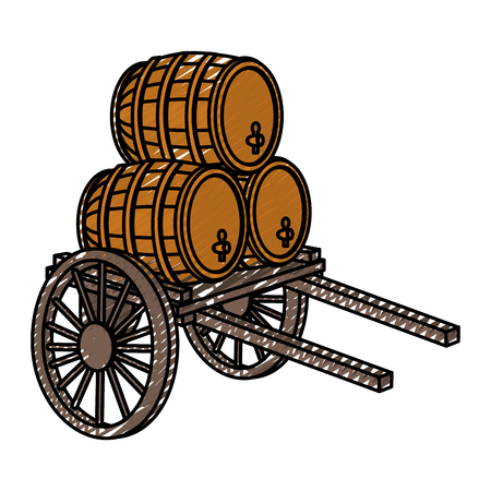 doodle handcart transportation with wood barrel of wine vector illustrationのイラスト素材