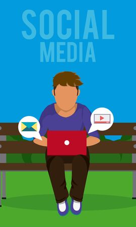 Young man seated at park with laptop checking social media vector illustration graphic designのイラスト素材