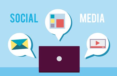 Social media on laptop with round symbols vector illustration graphic designのイラスト素材